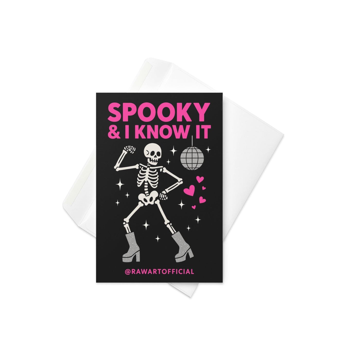 Funny Halloween greeting card with dancing skeleton in sparkly boots and disco ball on black background saying “Spooky & I Know It”