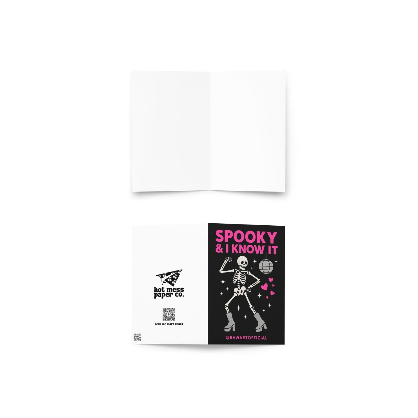 Funny Halloween greeting card with dancing skeleton in sparkly boots and disco ball on black background saying “Spooky & I Know It”