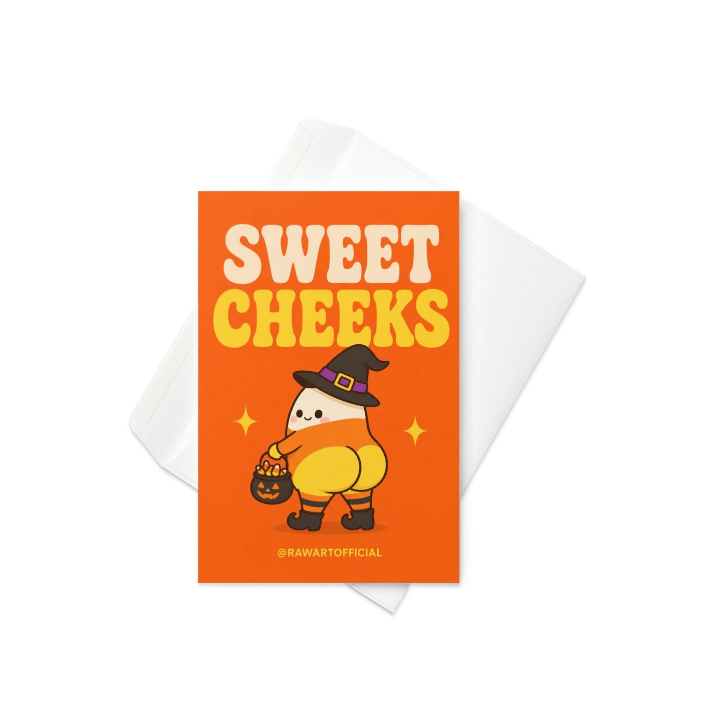 Funny Halloween greeting card with cute candy corn witch character holding candy bucket and text reading “Sweet Cheeks” on orange background.