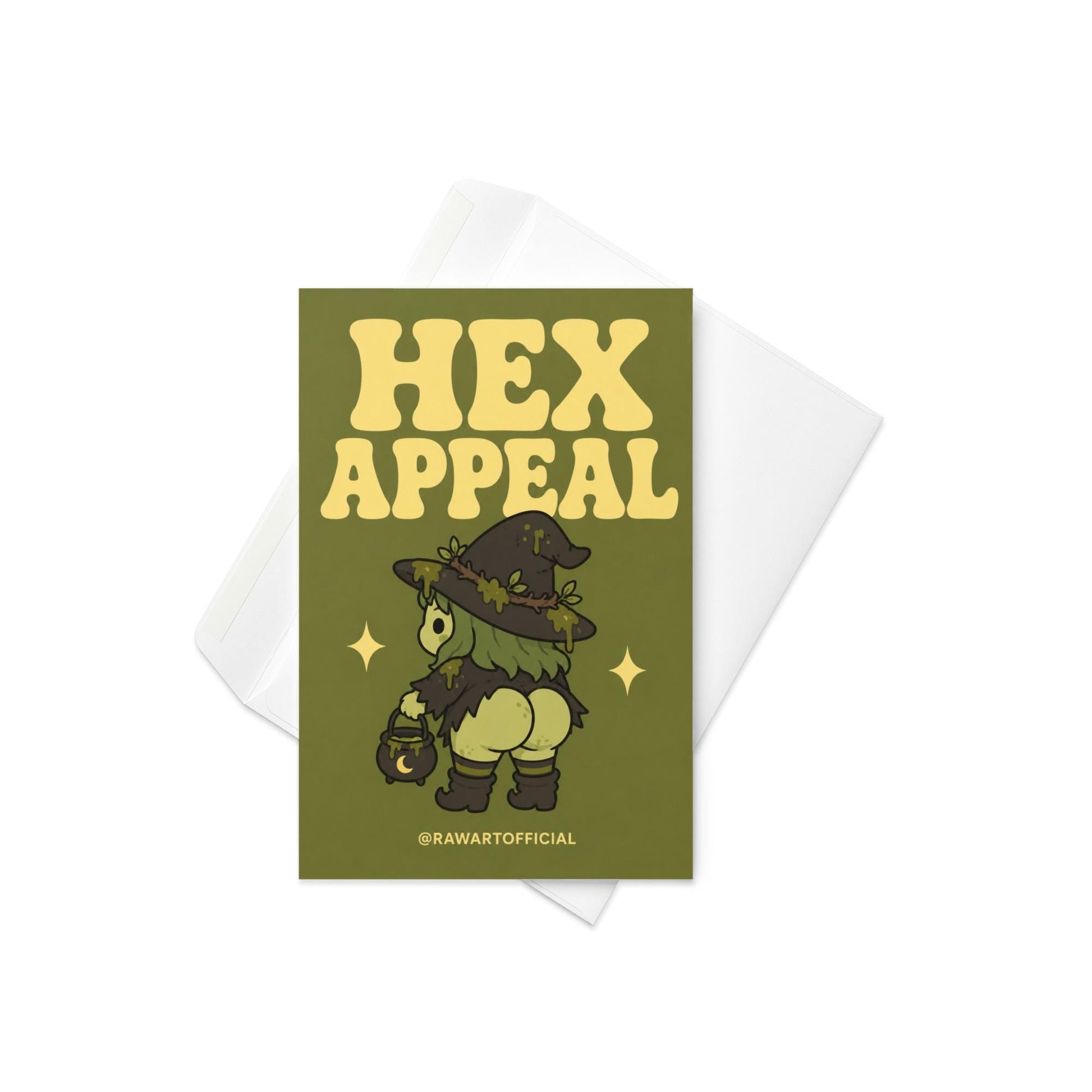 Funny Halloween greeting card with cheeky swamp witch booty holding cauldron on green background saying “Hex Appeal” in retro lettering.