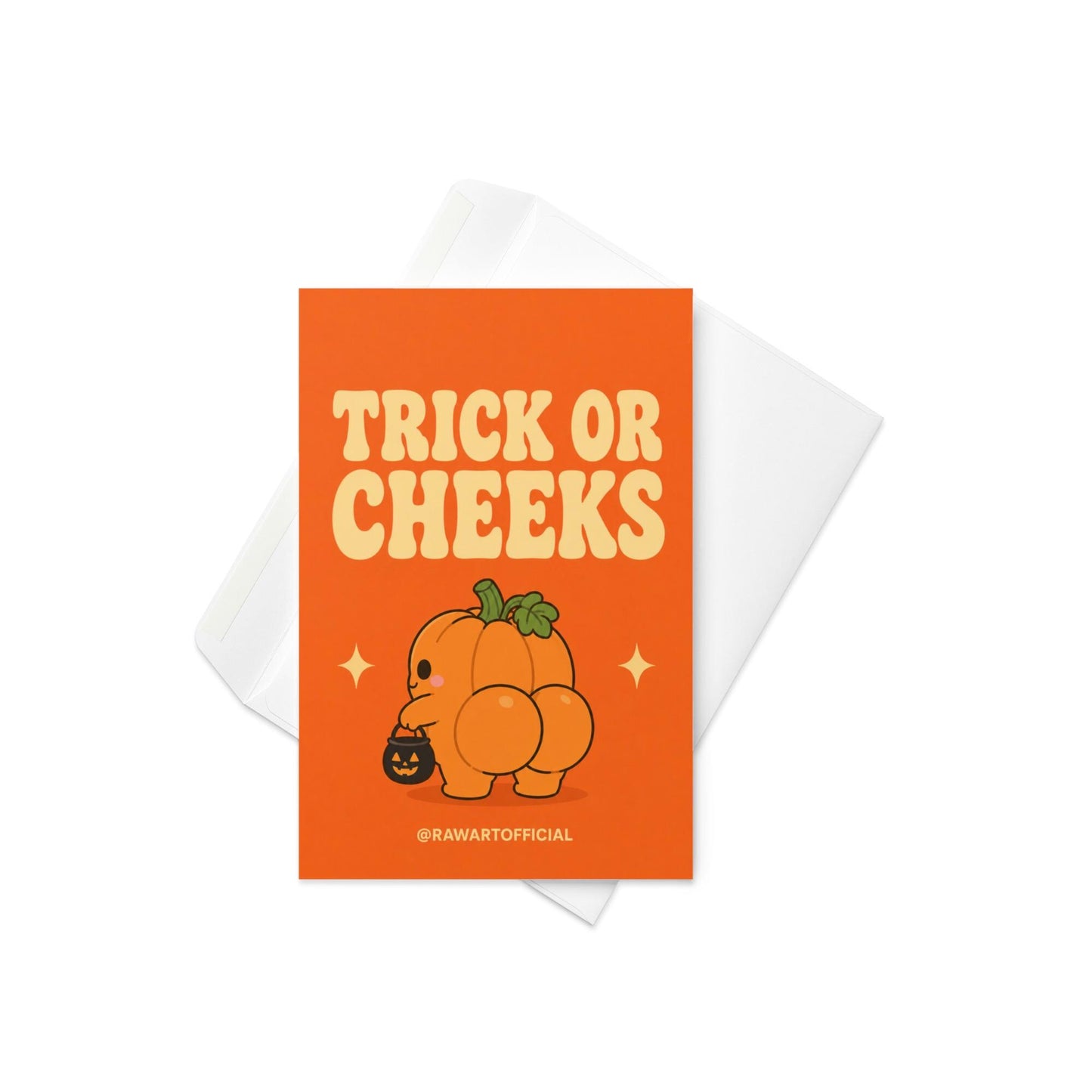 Funny Halloween greeting card with a cute pumpkin character from behind holding a candy bucket and the text “Trick or Cheeks” on an orange background.