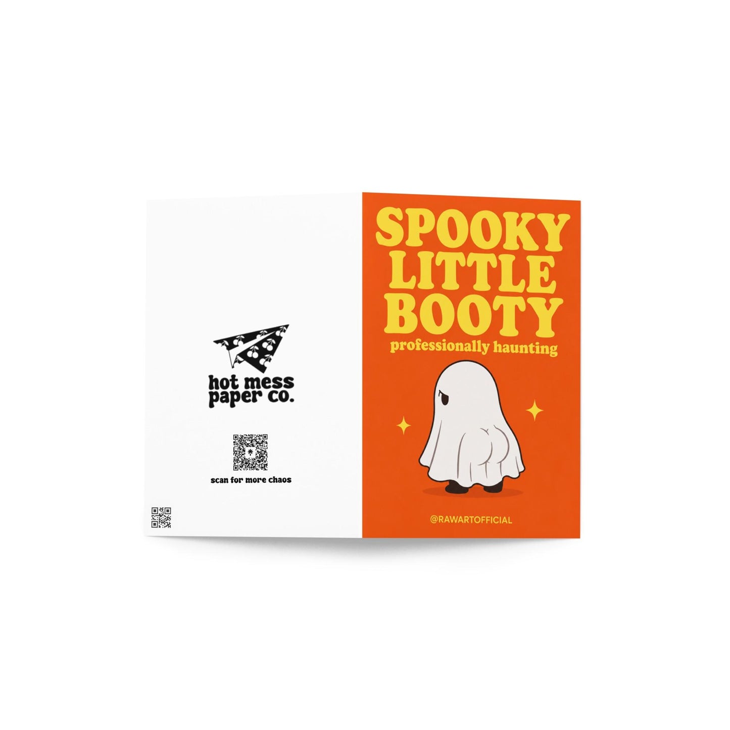 Funny Halloween greeting card with ghost showing a tiny booty on orange background saying “Spooky Little Booty professionally haunting”