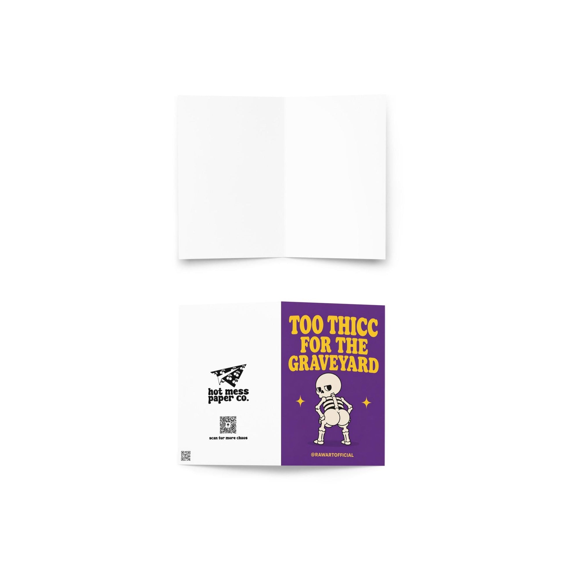 Funny Halloween greeting card with thick skeleton booty on purple background saying “Too Thicc For The Graveyard”