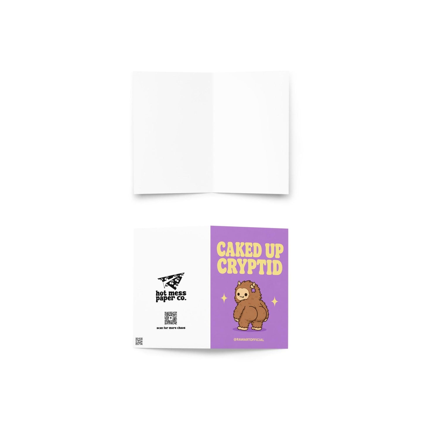 Funny Halloween greeting card with cute caked up cryptid Bigfoot character on lavender background saying “Caked Up Cryptid” in retro lettering.