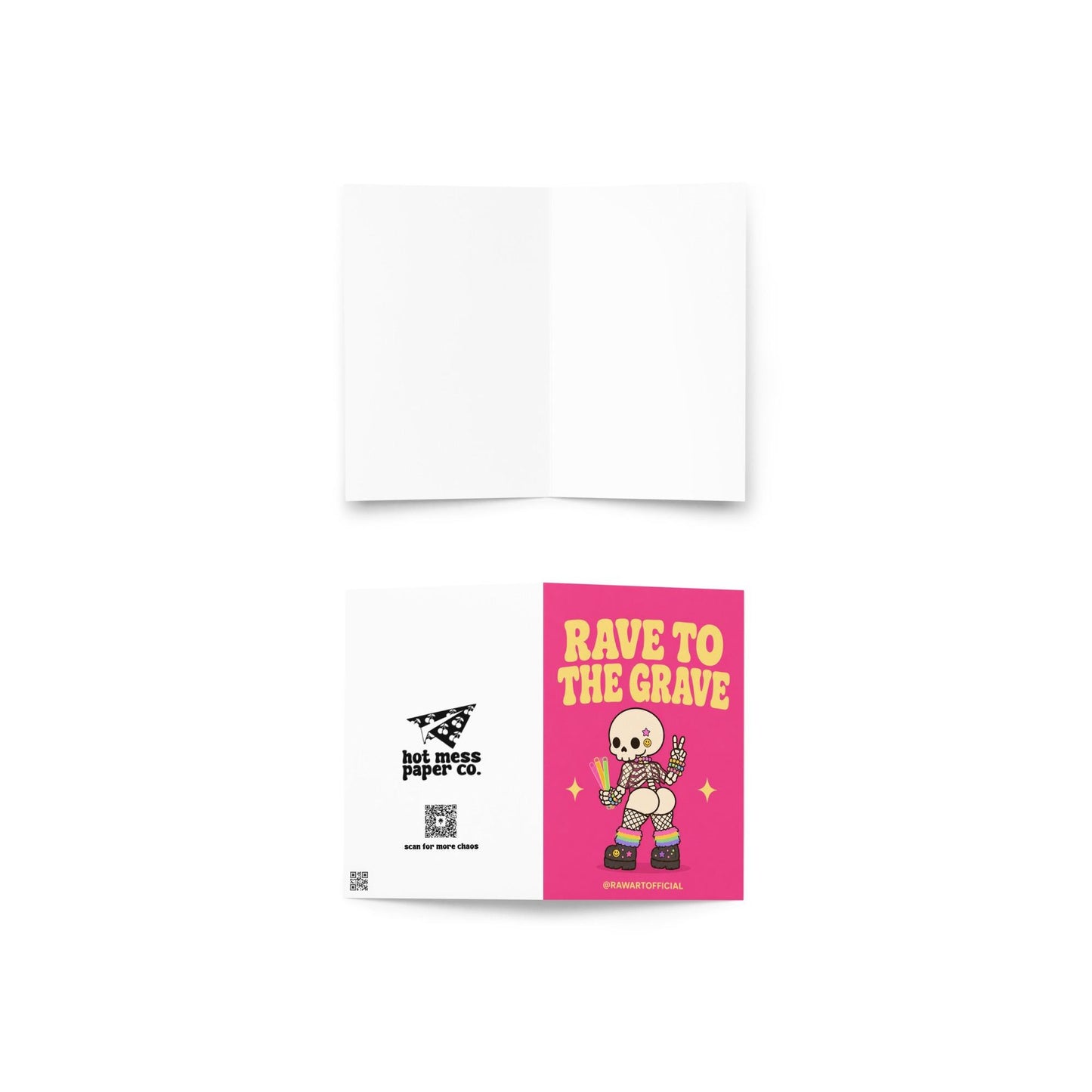 Funny Halloween greeting card with cheeked-up rave skeleton holding glow sticks and text reading “Rave to the Grave” on hot pink background.
