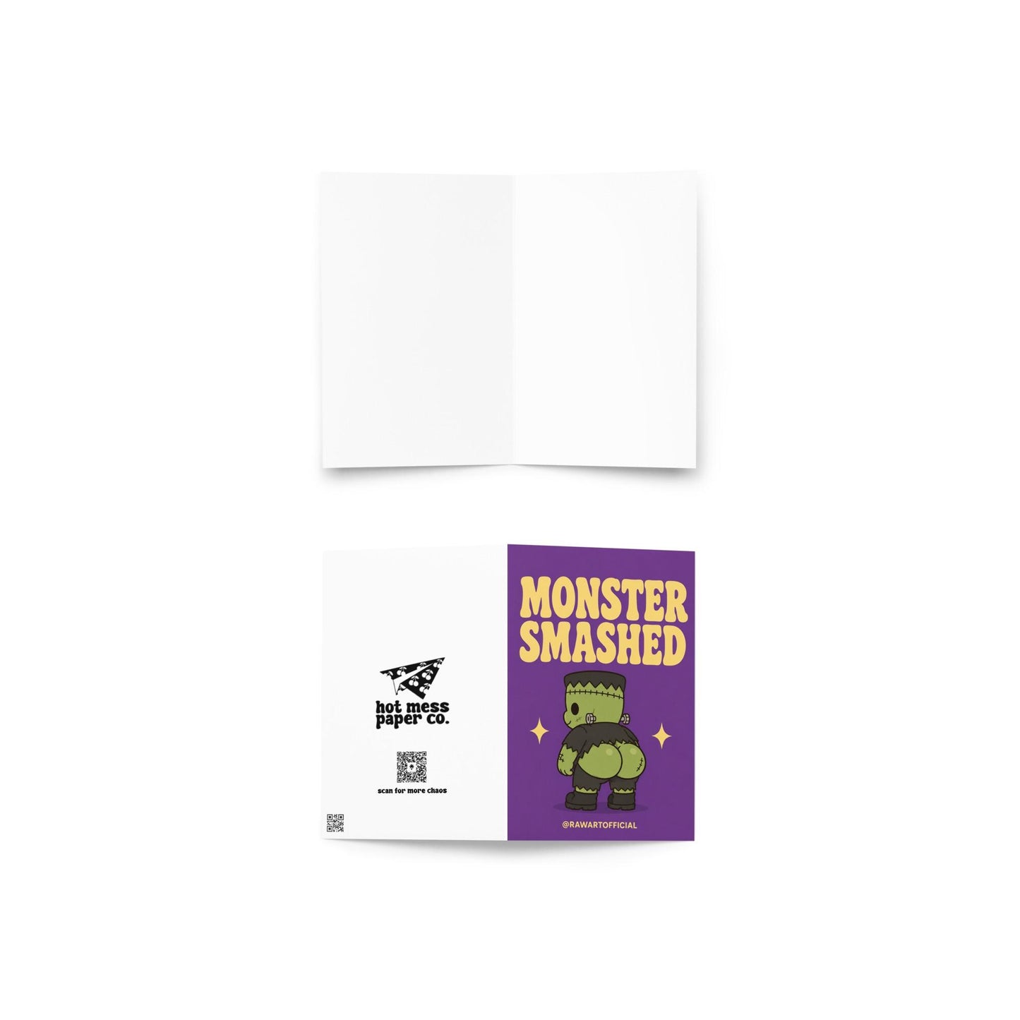 Funny Halloween greeting card with a cute Frankenstein monster from behind and the text “Monster Smashed” on a purple background.