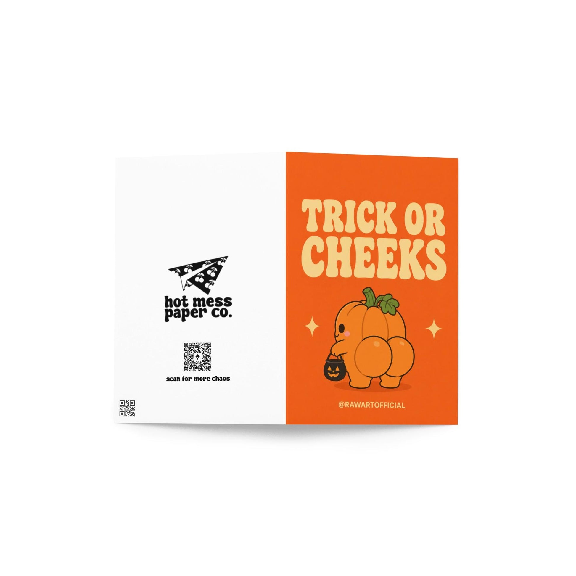 Funny Halloween greeting card with a cute pumpkin character from behind holding a candy bucket and the text “Trick or Cheeks” on an orange background.