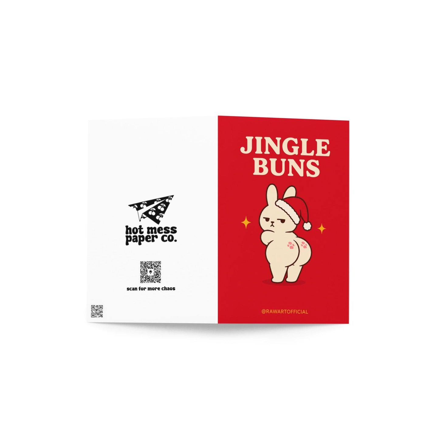 Funny Christmas card featuring a grumpy bunny in a Santa hat beside the phrase “Jingle Buns.”