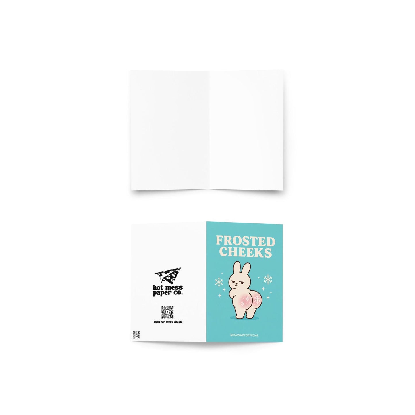 Funny Christmas card featuring a grumpy bunny with snowflake cheeks beside the phrase “Frosted Cheeks.”