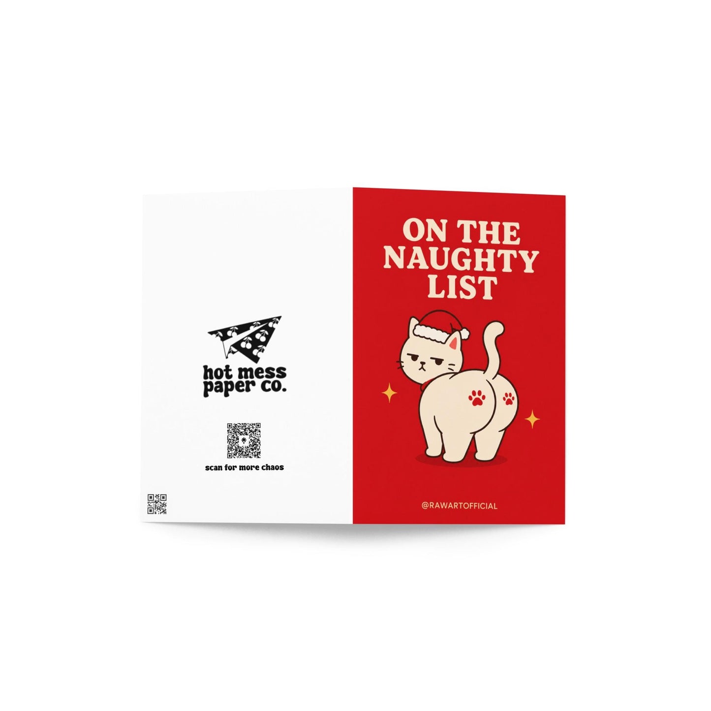 Funny Christmas card featuring a grumpy cat in a Santa hat beside the phrase “On The Naughty List.”