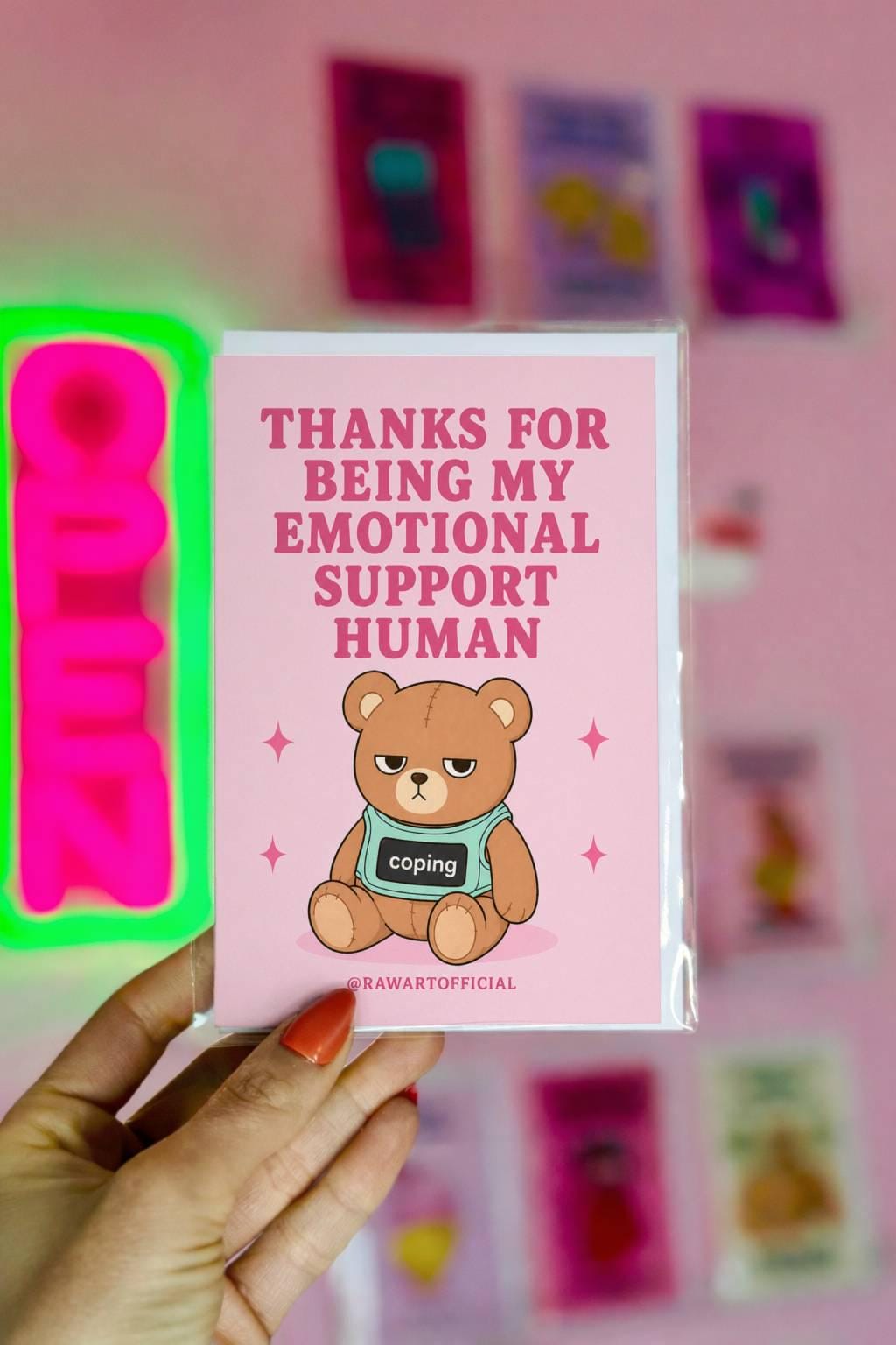 Funny appreciation card featuring a teddy bear in a “coping” shirt beside the phrase “Thanks For Being My Emotional Support Human.”