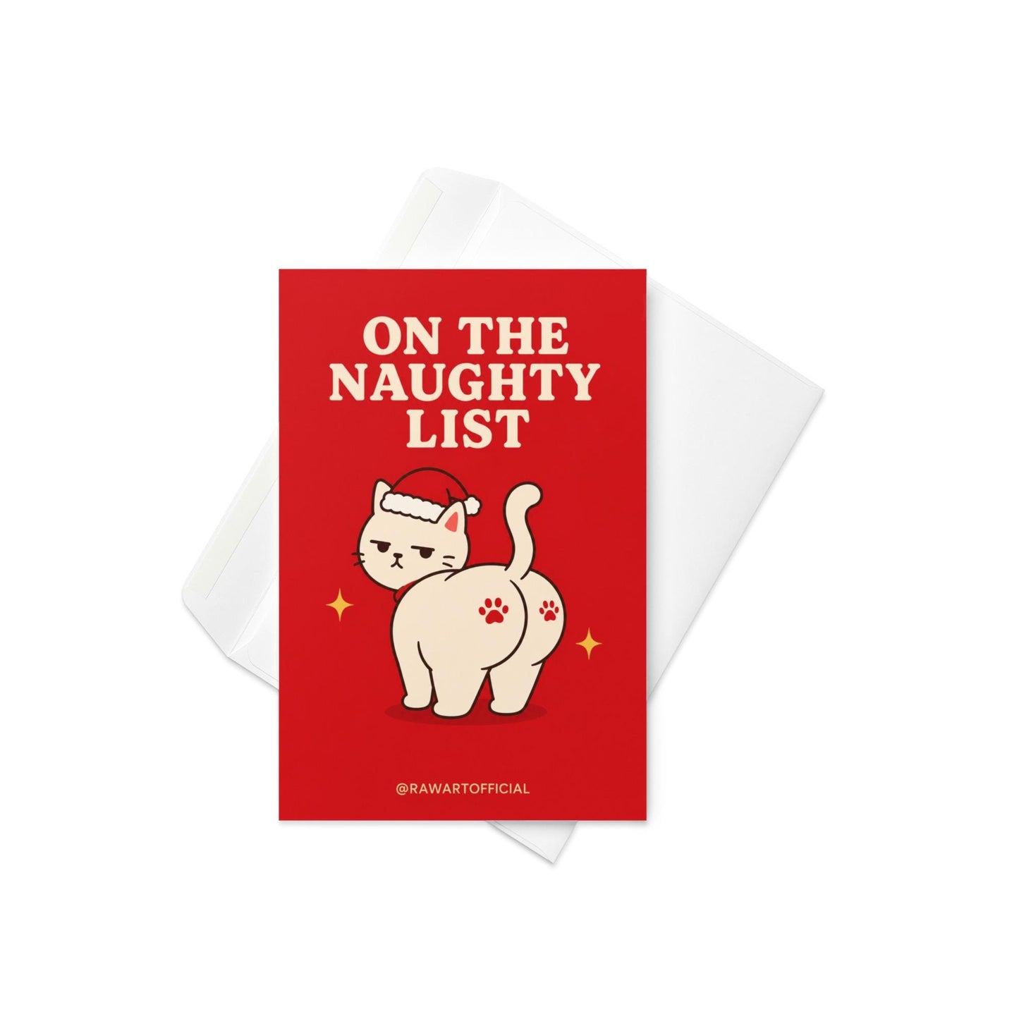 Funny Christmas card featuring a grumpy cat in a Santa hat beside the phrase “On The Naughty List.”