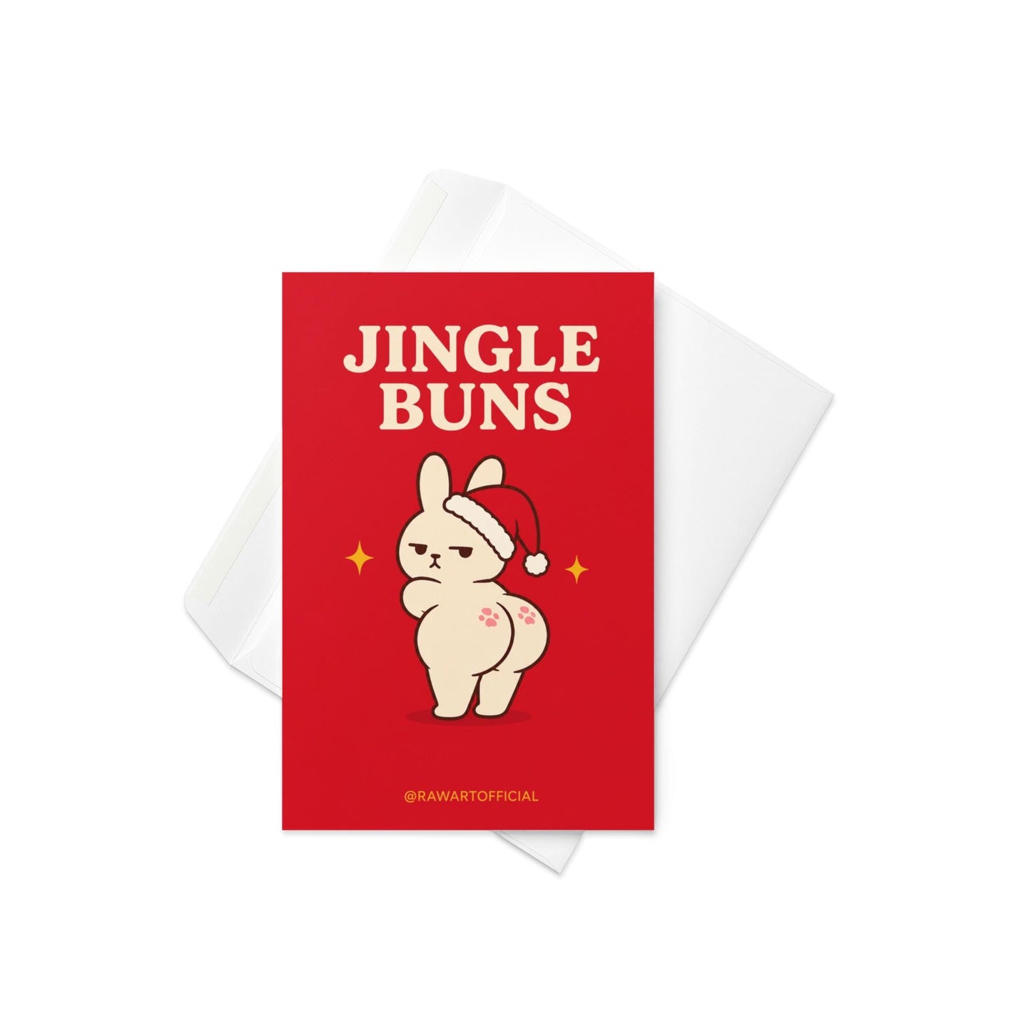 Funny Christmas card featuring a grumpy bunny in a Santa hat beside the phrase “Jingle Buns.”