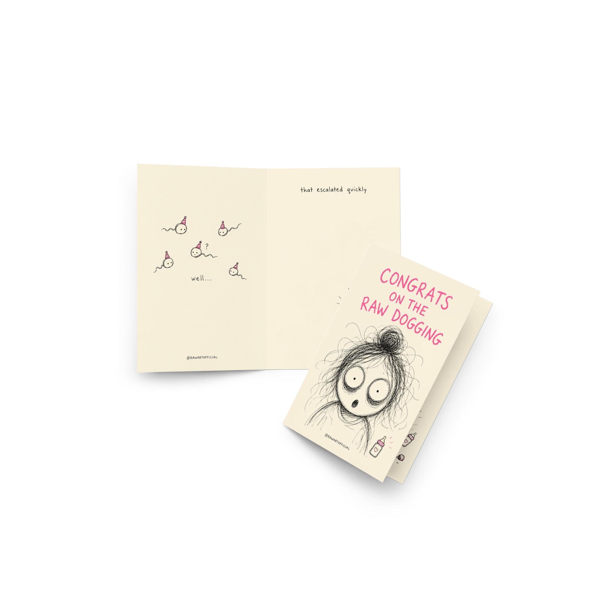 Funny pregnancy greeting card featuring a shocked scribble character beside the phrase “Congrats on the Raw Dogging” with humorous inside artwork.