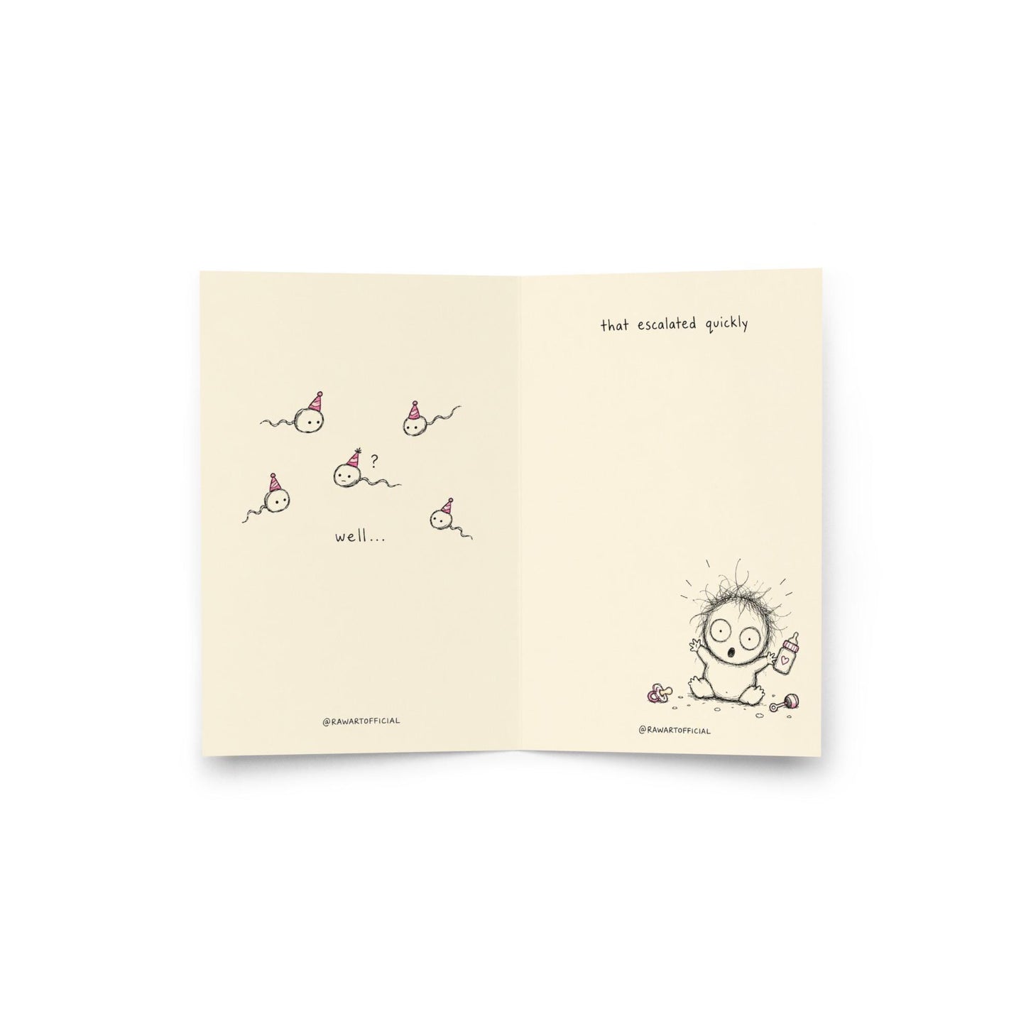 Funny pregnancy greeting card featuring a shocked scribble character beside the phrase “Congrats on the Raw Dogging” with humorous inside artwork.