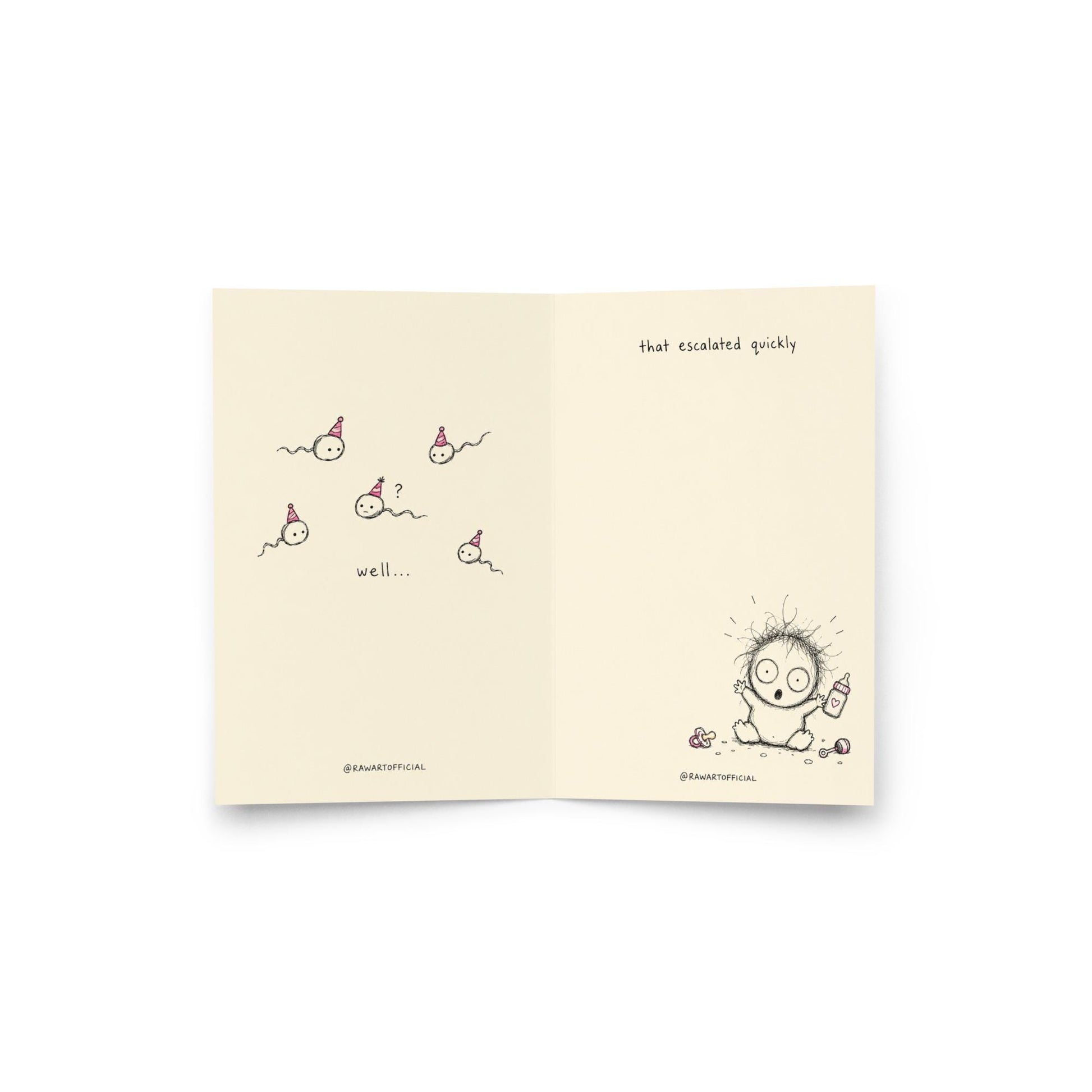 Funny pregnancy greeting card featuring a shocked scribble character beside the phrase “Congrats on the Raw Dogging” with humorous inside artwork.