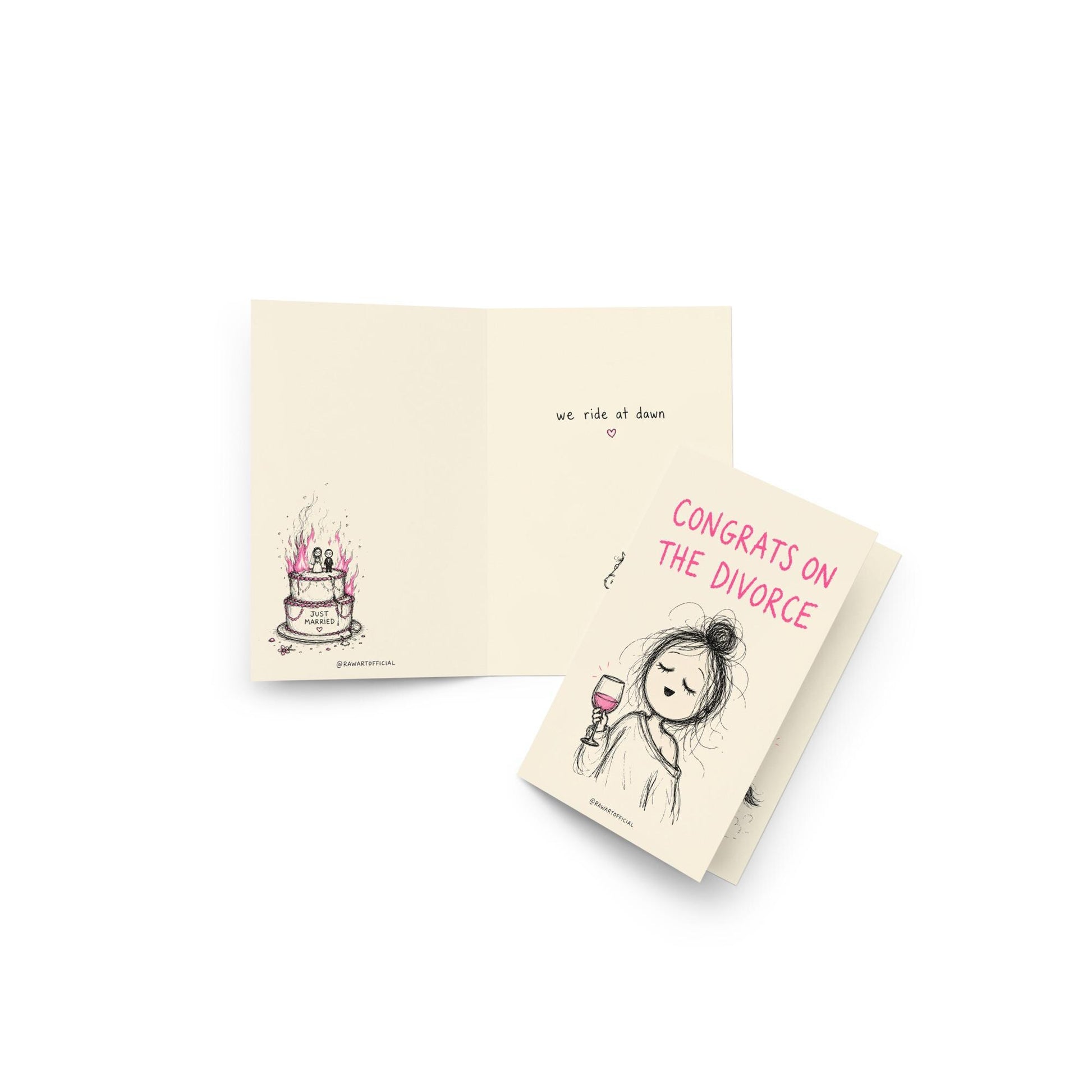 Funny divorce greeting card featuring a scribbly woman holding wine beside the phrase “Congrats on the Divorce” with humorous inside artwork including a flaming wedding cake.
