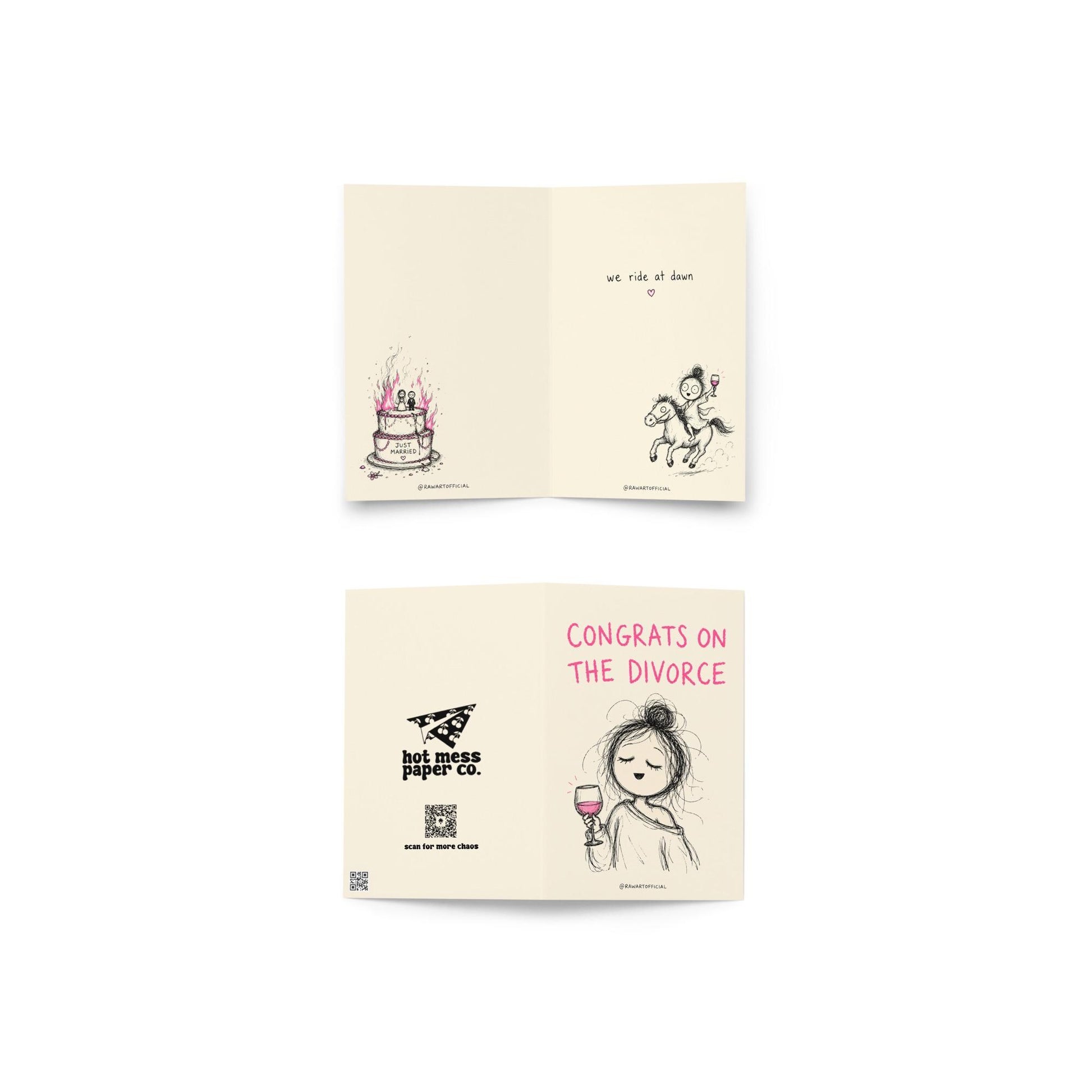 Funny divorce greeting card featuring a scribbly woman holding wine beside the phrase “Congrats on the Divorce” with humorous inside artwork including a flaming wedding cake.