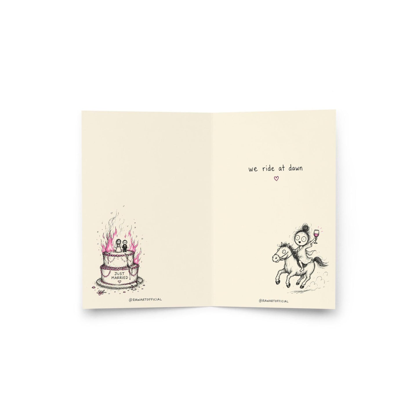 Funny divorce greeting card featuring a scribbly woman holding wine beside the phrase “Congrats on the Divorce” with humorous inside artwork including a flaming wedding cake.