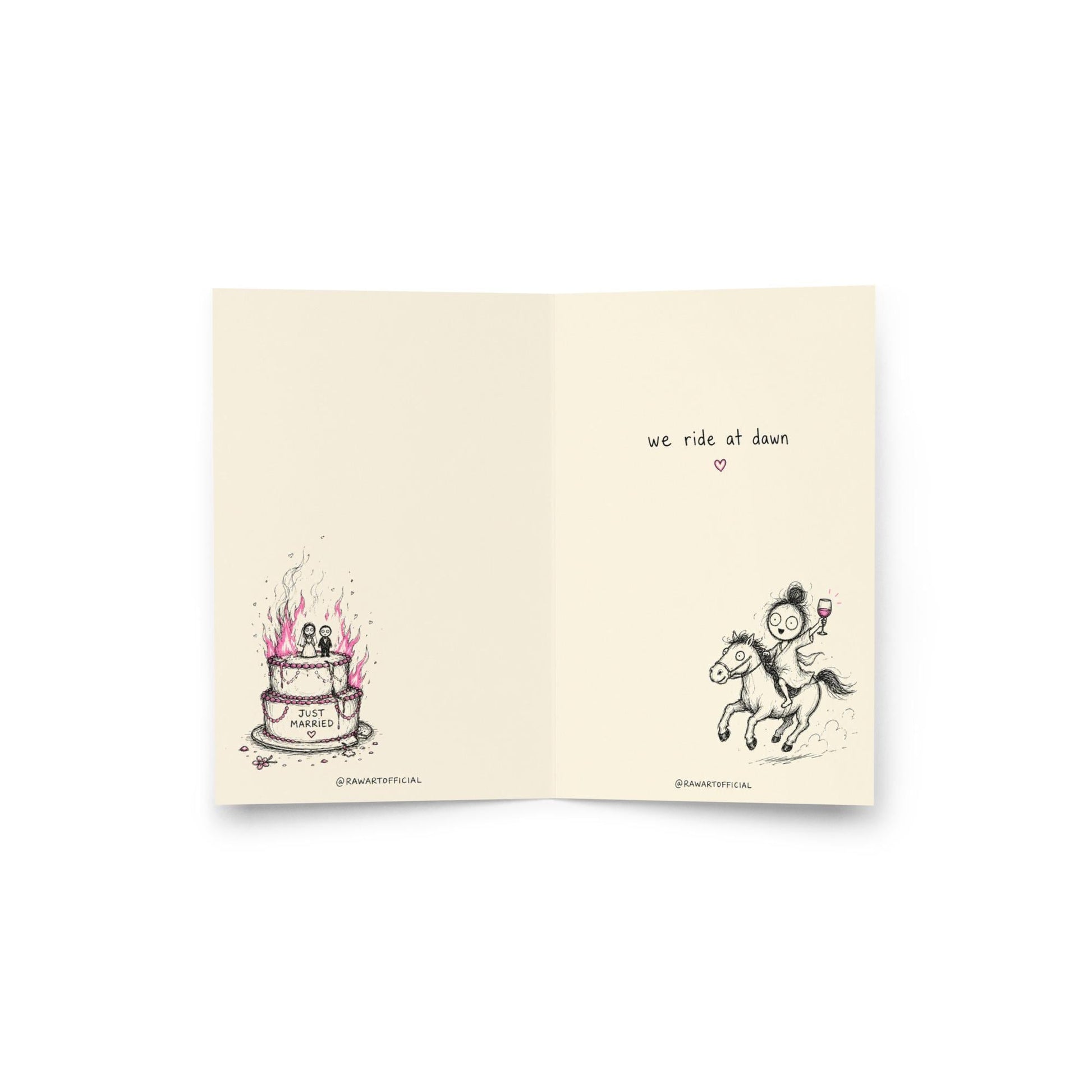Funny divorce greeting card featuring a scribbly woman holding wine beside the phrase “Congrats on the Divorce” with humorous inside artwork including a flaming wedding cake.