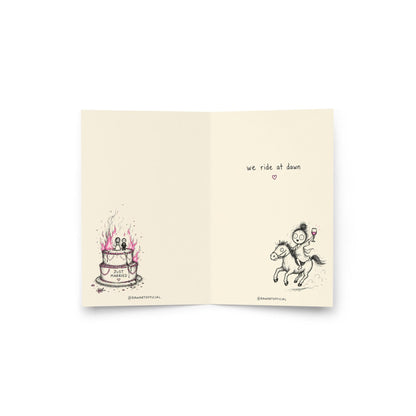 Funny divorce greeting card featuring a scribbly woman holding wine beside the phrase “Congrats on the Divorce” with humorous inside artwork including a flaming wedding cake.