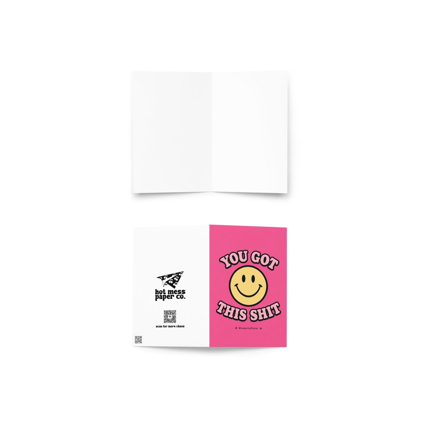 Funny pink encouragement card with a retro smiley face and the phrase “You Got This Shit” in retro bubble lettering.