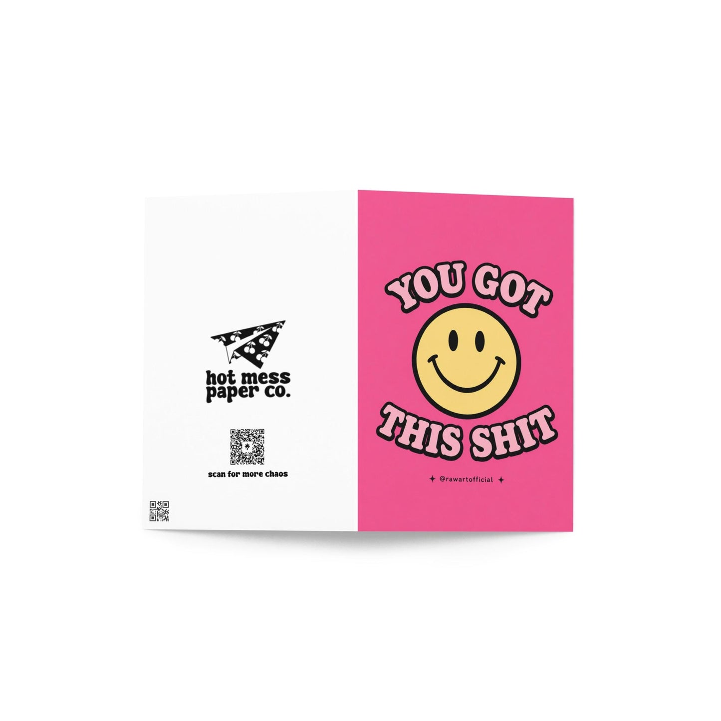 Funny pink encouragement card with a retro smiley face and the phrase “You Got This Shit” in retro bubble lettering.
