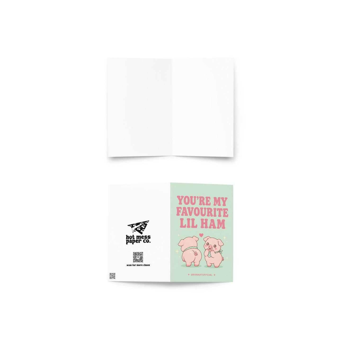 Funny love card featuring two adorable pigs beside the phrase “You’re My Favourite Lil Ham,” including one cheeked-up pig and a heart above them.