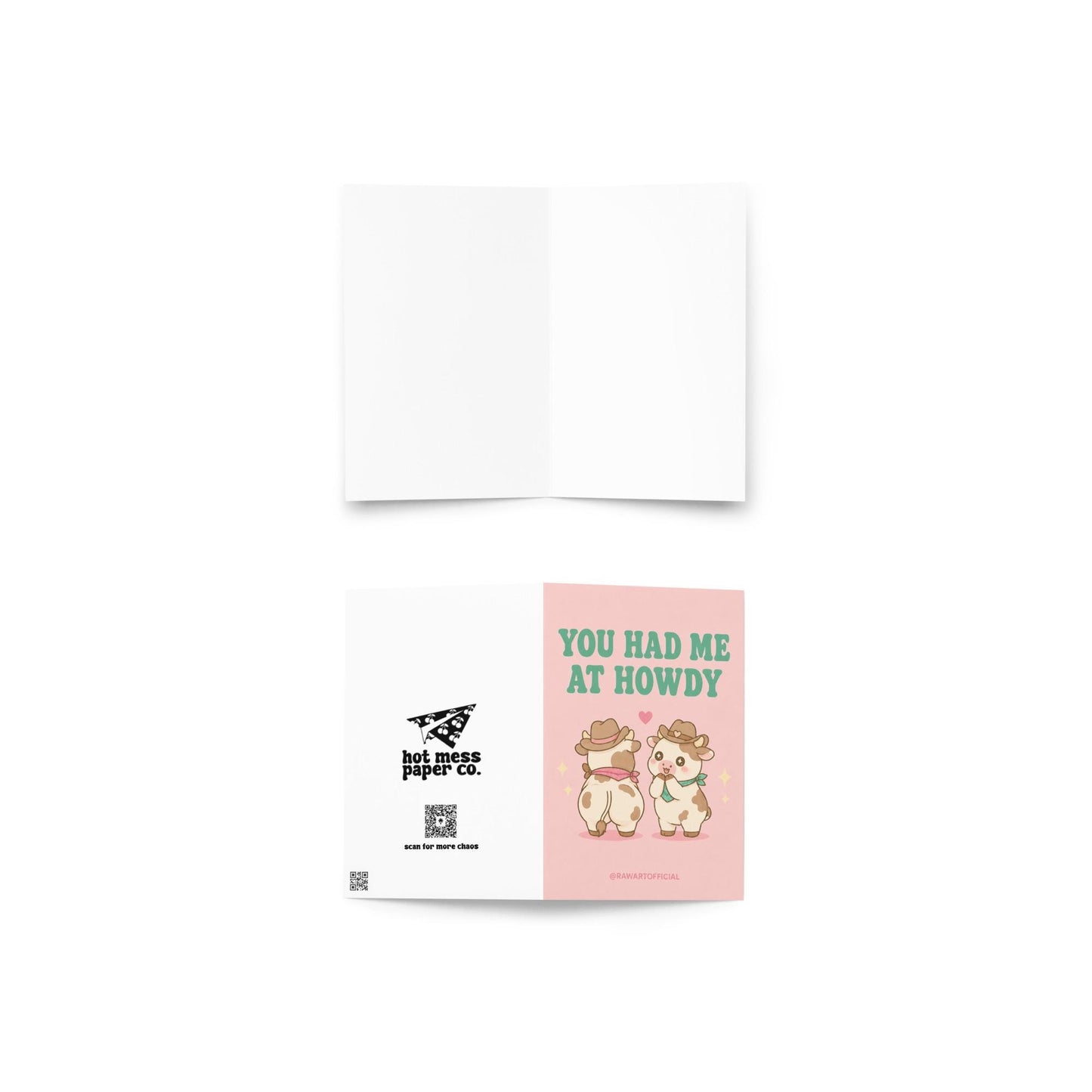 Funny love card featuring two adorable cowboy cows beside the phrase “You Had Me At Howdy,” including one cheeked-up cow and a heart above them.