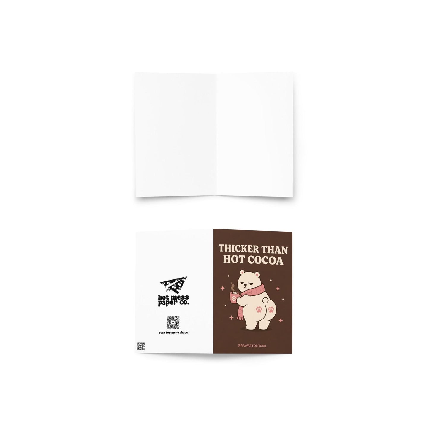 Funny Christmas card featuring a thick polar bear holding hot cocoa beside the phrase “Thicker Than Hot Cocoa.”