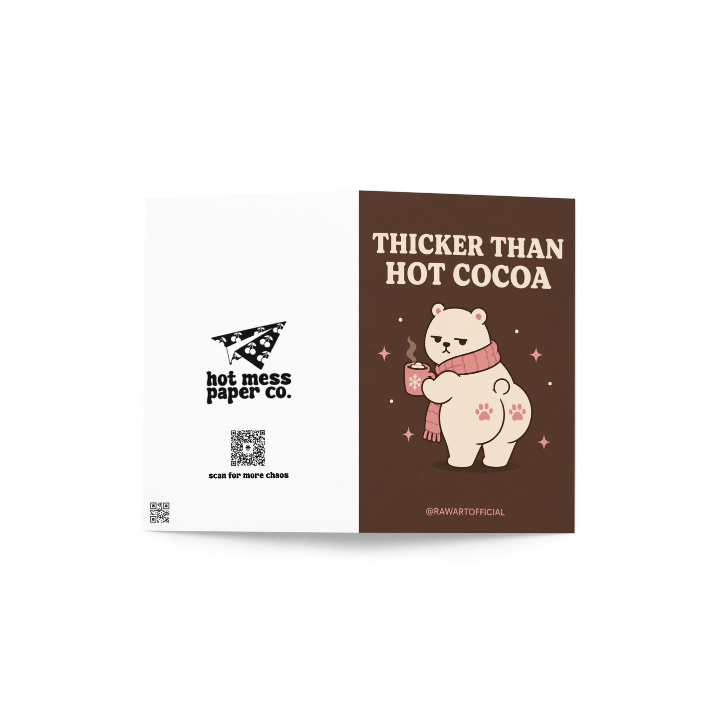Funny Christmas card featuring a thick polar bear holding hot cocoa beside the phrase “Thicker Than Hot Cocoa.”