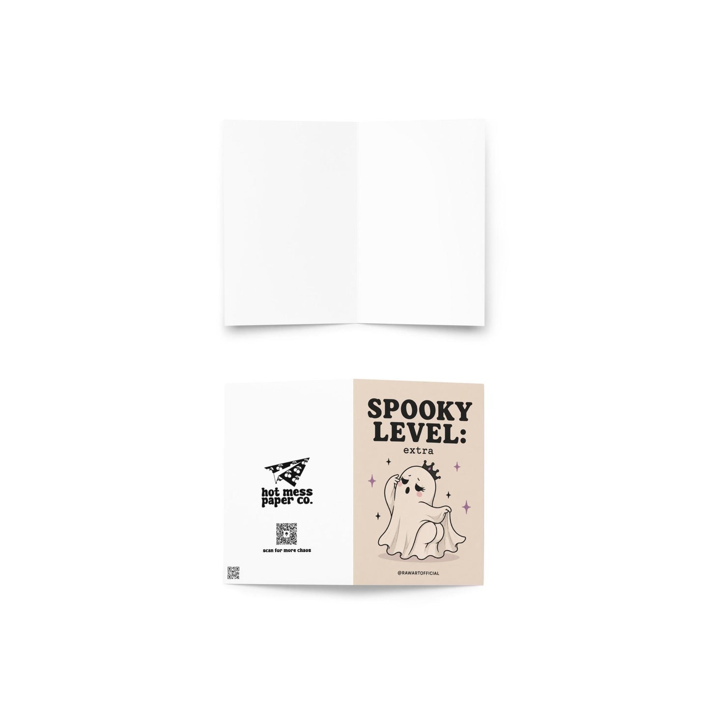 Funny Halloween card featuring a dramatic ghost wearing a crown beside the phrase “Spooky Level: extra.” Cute spooky ghost humor card.