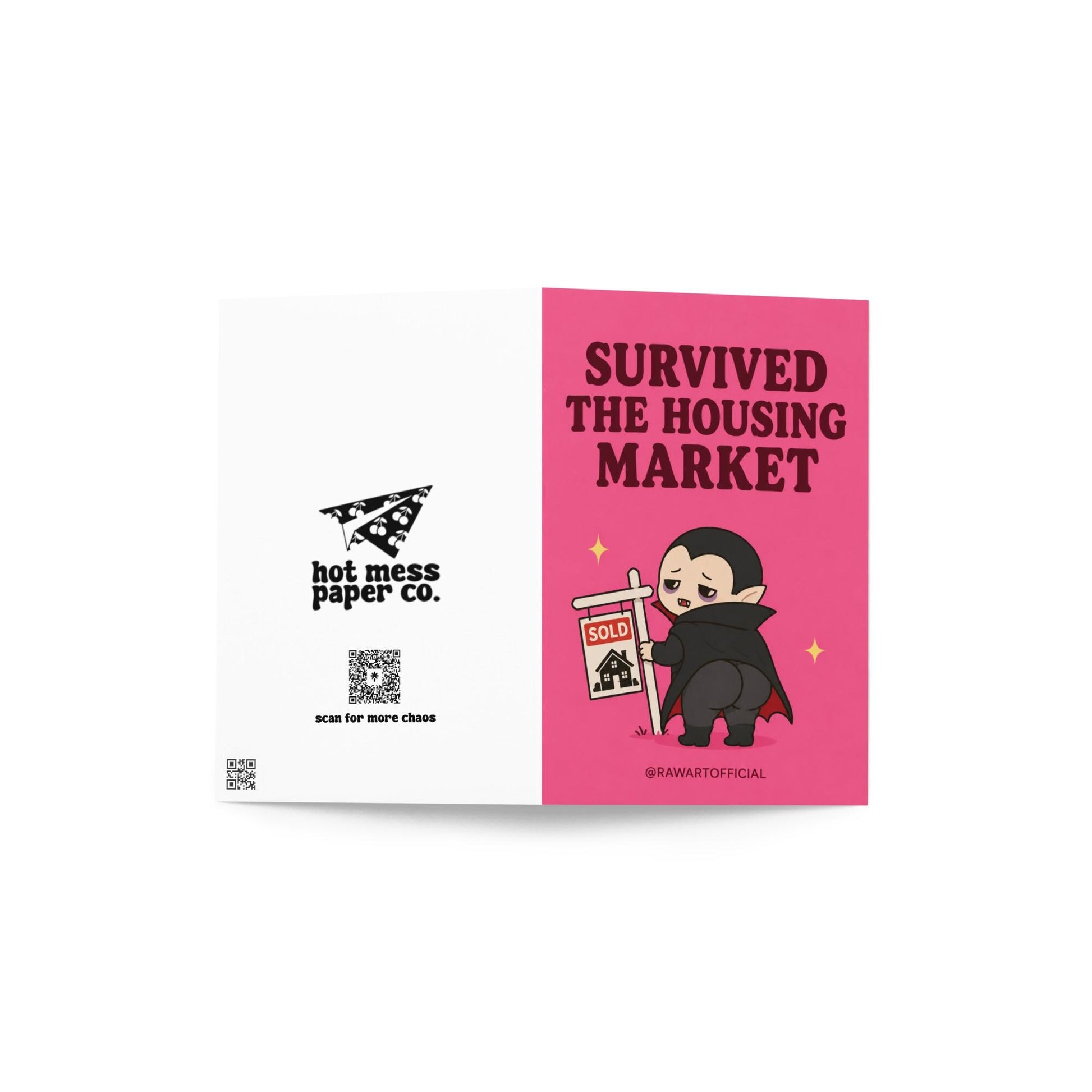 Funny new home card featuring a vampire holding a sold sign beside the phrase “Survived The Housing Market.” Humorous housewarming card for new homeowners.