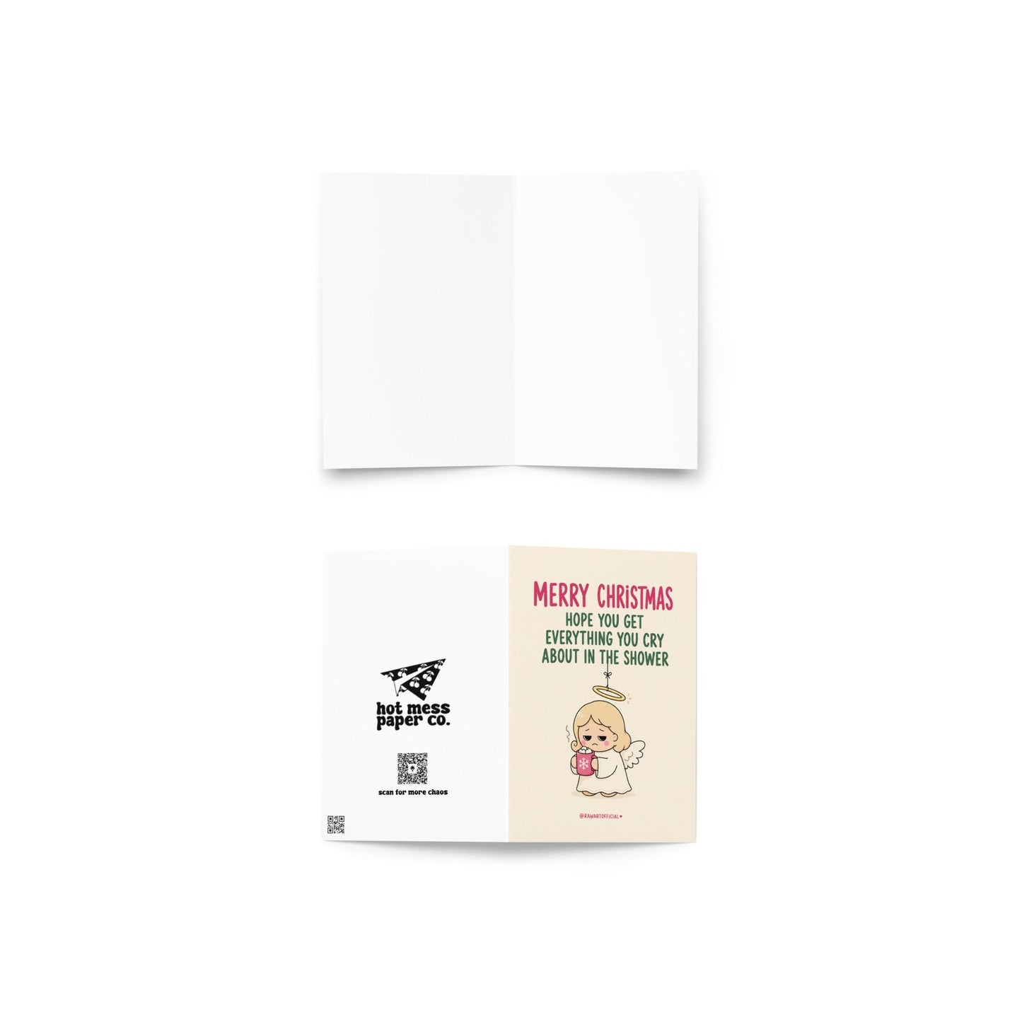 Funny Christmas card featuring a tired angel holding hot cocoa beside the phrase “Hope You Get Everything You Cry About In The Shower.”