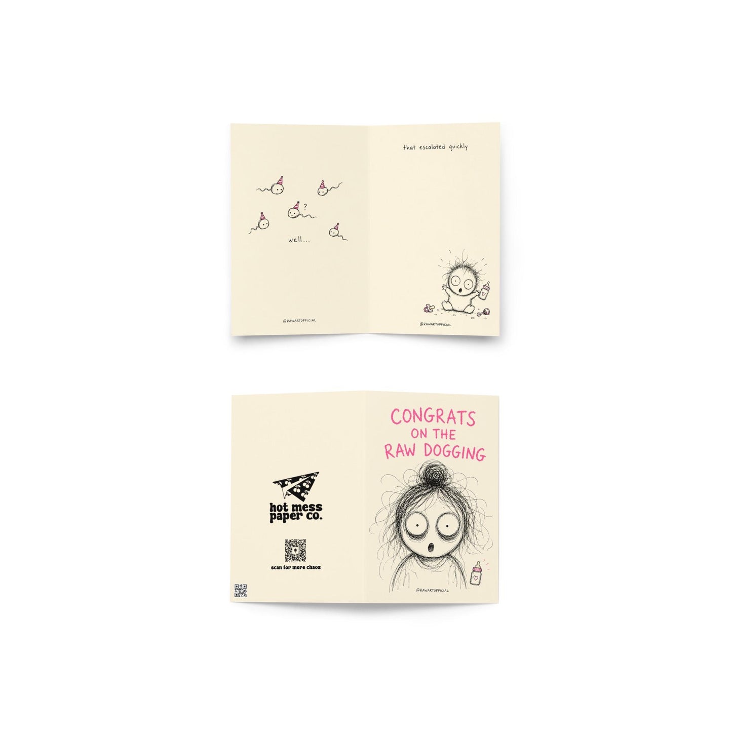 Funny pregnancy greeting card featuring a shocked scribble character beside the phrase “Congrats on the Raw Dogging” with humorous inside artwork.