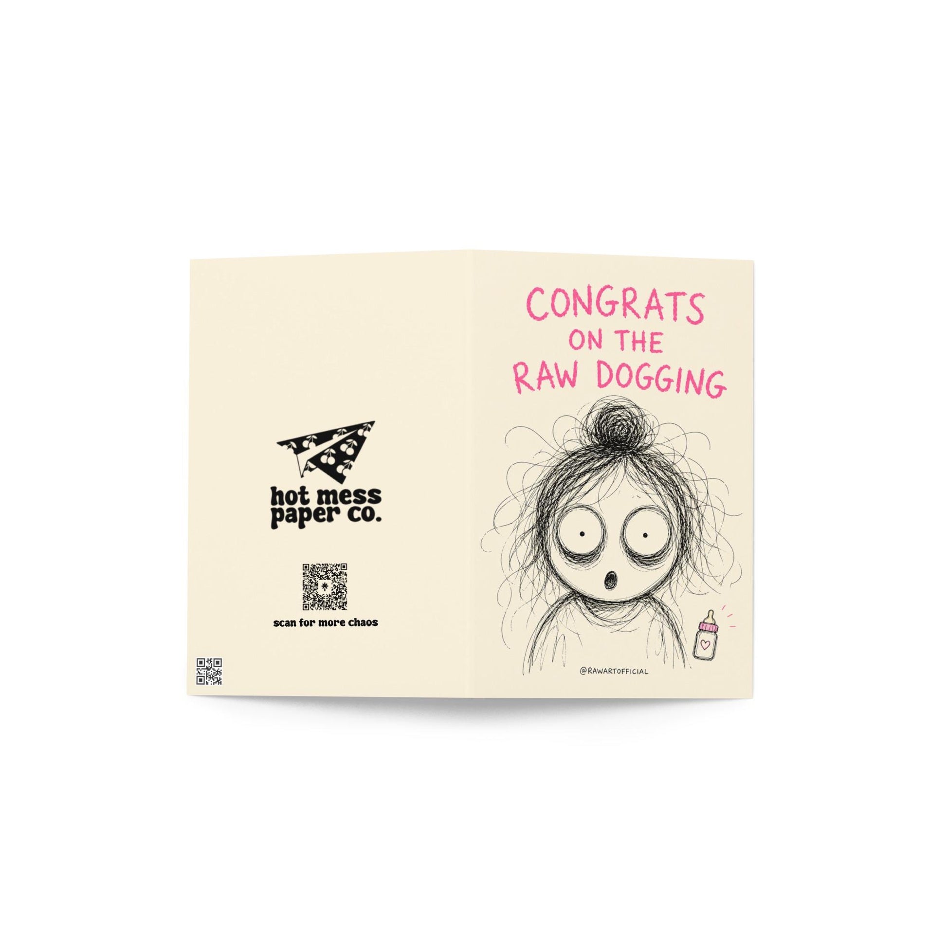 Funny pregnancy greeting card featuring a shocked scribble character beside the phrase “Congrats on the Raw Dogging” with humorous inside artwork.