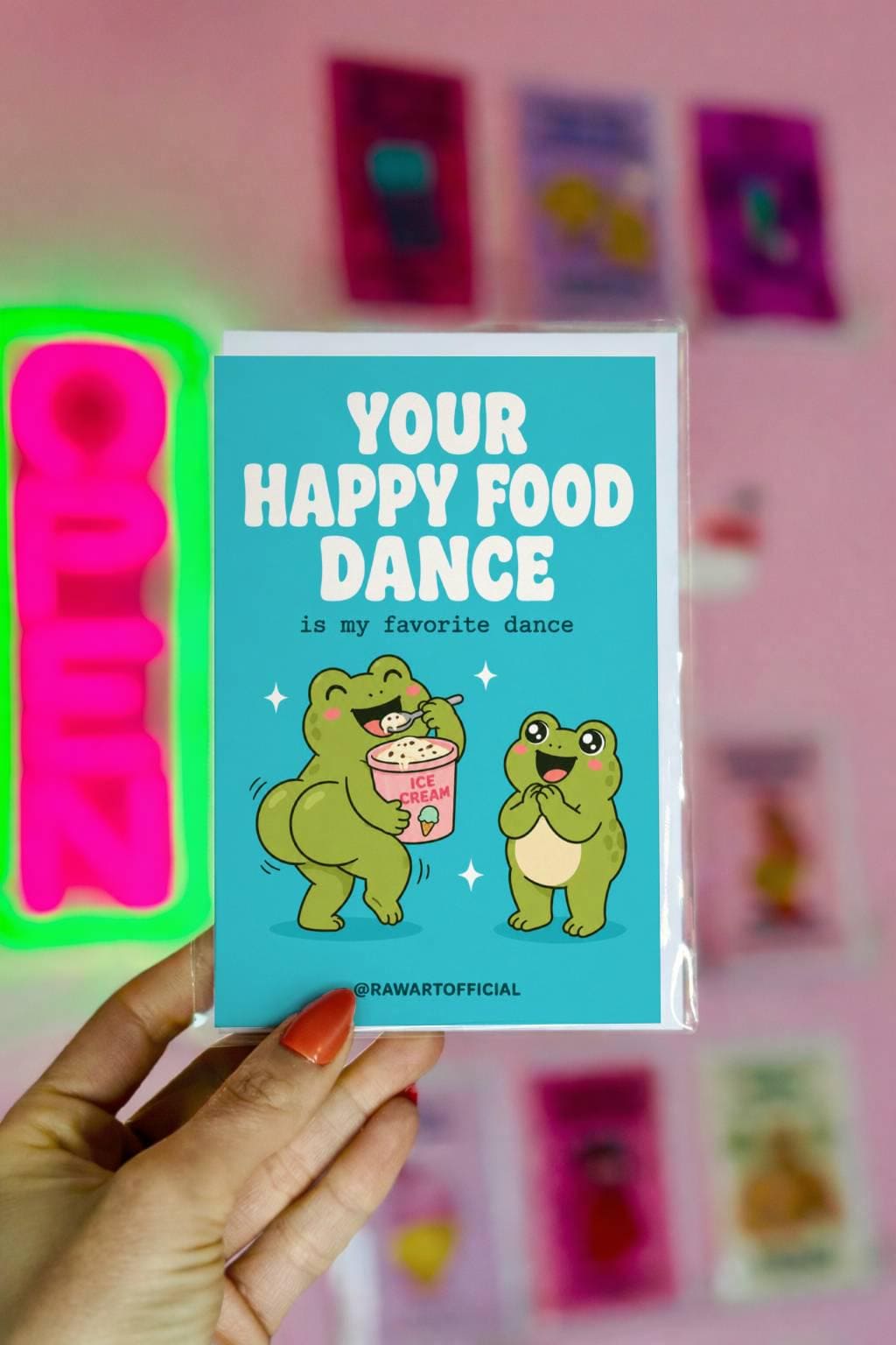 Funny greeting card featuring two frogs, one doing a happy food dance with a tub of ice cream beside the phrase "Your Happy Food Dance is my favorite dance." Perfect for girlfriends, boyfriends, best friends, and food lovers.