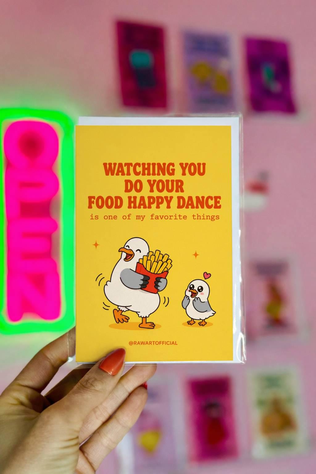 Funny greeting card featuring a happy seagull dancing with a box of fries while a smaller seagull watches with admiration beside the phrase "Watching You Do Your Food Happy Dance Is One of My Favorite Things."