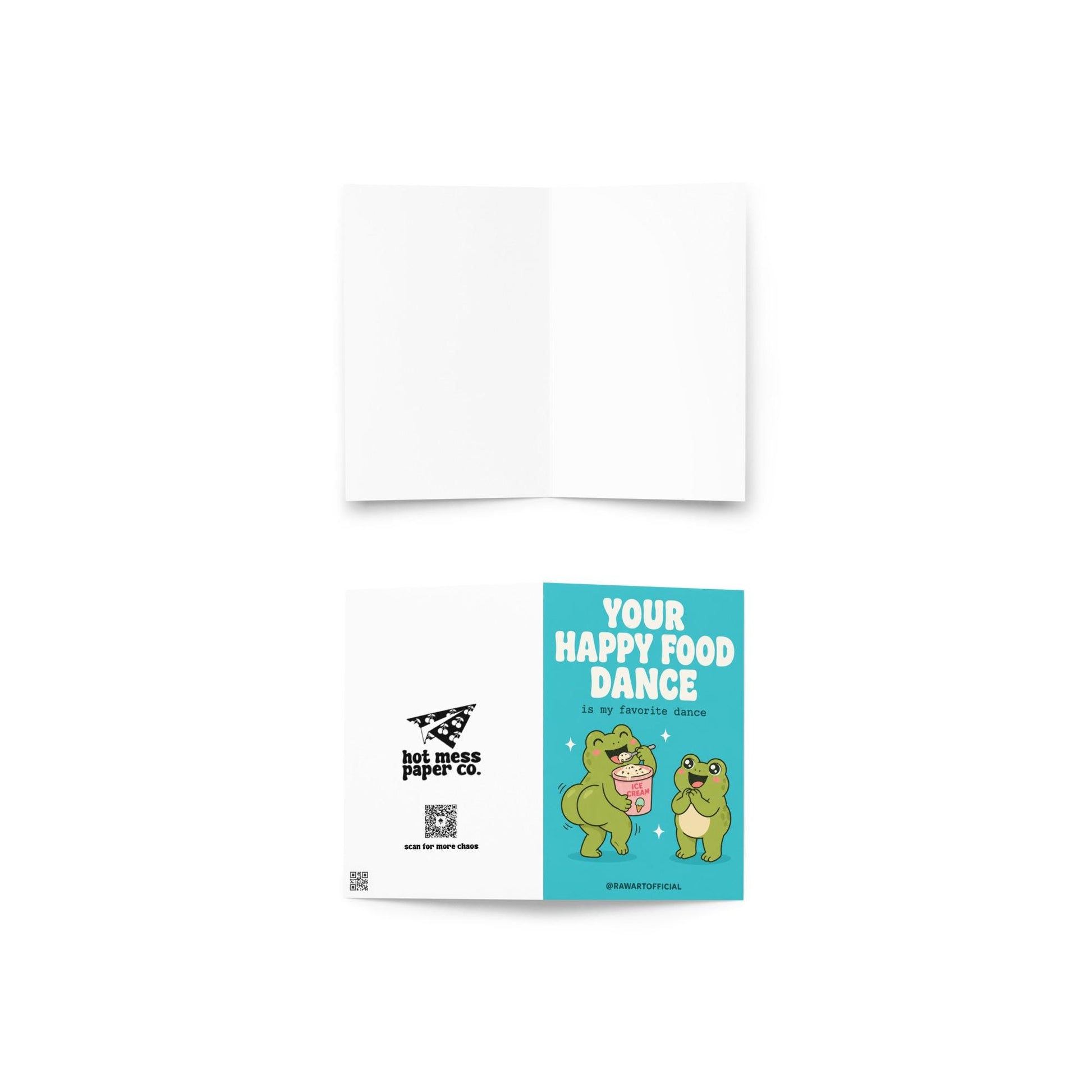 Funny greeting card featuring two frogs, one doing a happy food dance with a tub of ice cream beside the phrase "Your Happy Food Dance is my favorite dance." Perfect for girlfriends, boyfriends, best friends, and food lovers.