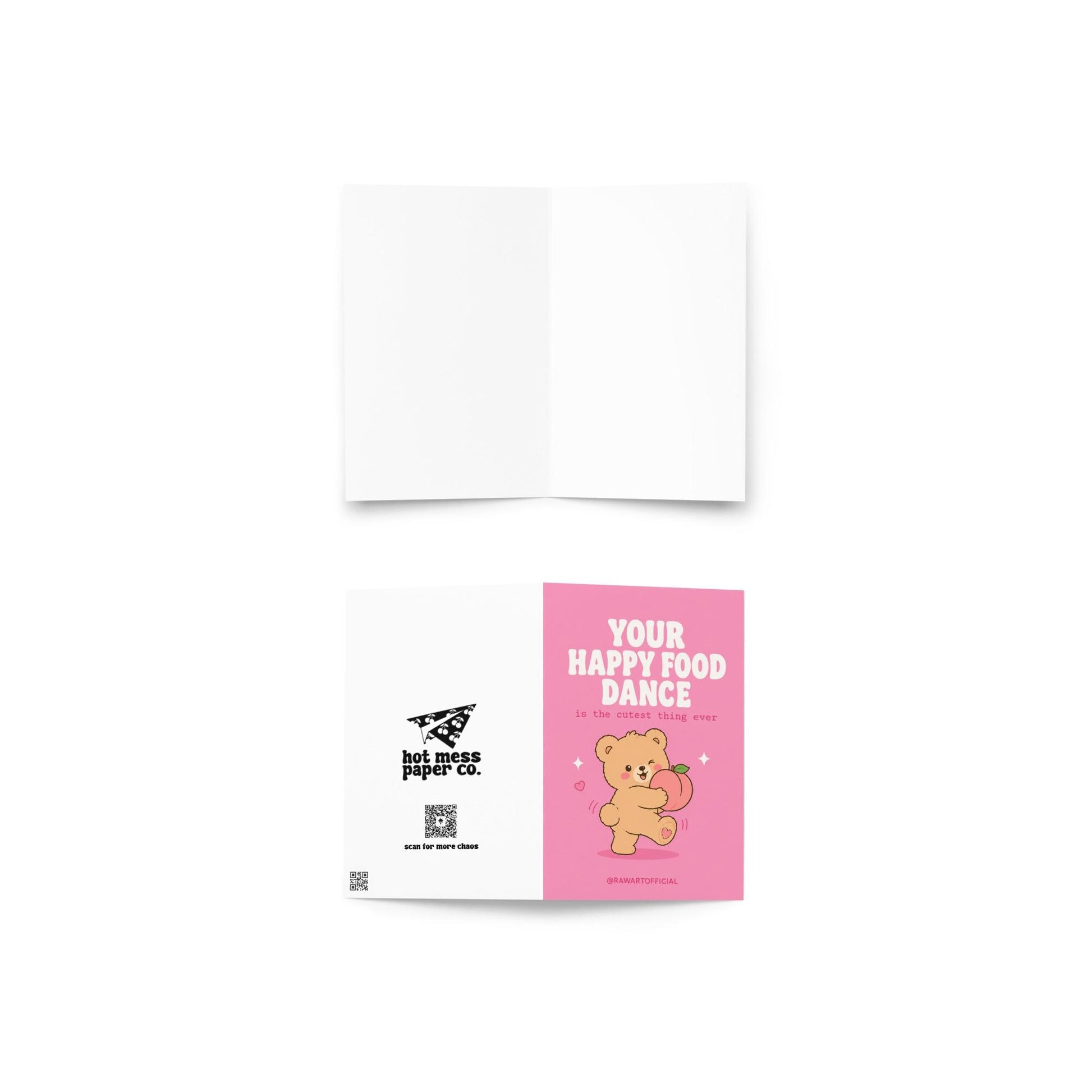 Funny greeting card featuring a teddy bear happily dancing with a giant peach beside the phrase "Your Happy Food Dance Is the Cutest Thing Ever." Perfect for girlfriends, boyfriends, and food lovers.