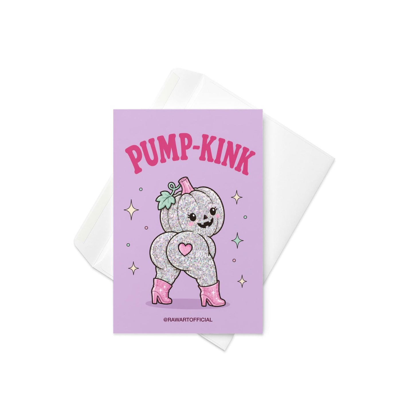 Lavender Halloween greeting card reading "Pump-Kink" featuring a glittery pumpkin character in pink boots with a cute pumpkin face and playful booty design surrounded by sparkles.