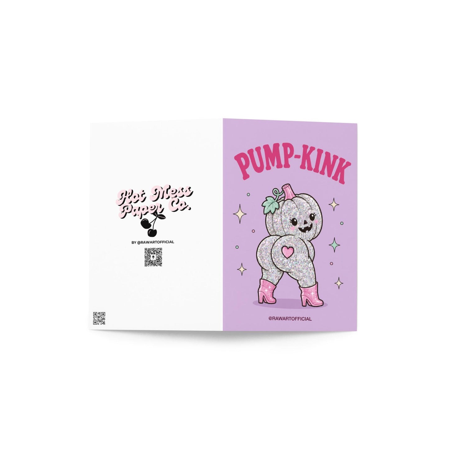 Lavender Halloween greeting card reading "Pump-Kink" featuring a glittery pumpkin character in pink boots with a cute pumpkin face and playful booty design surrounded by sparkles.