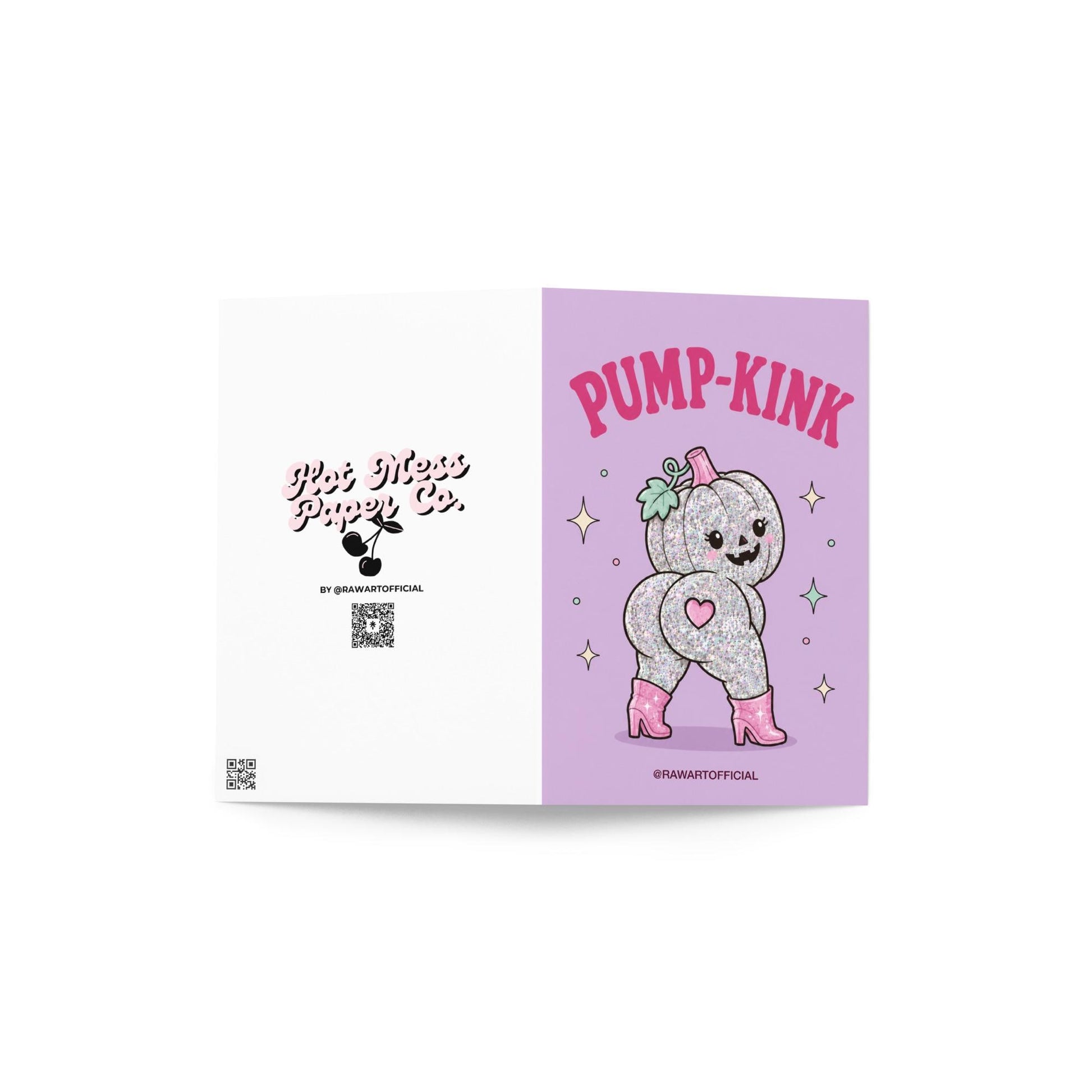 Lavender Halloween greeting card reading "Pump-Kink" featuring a glittery pumpkin character in pink boots with a cute pumpkin face and playful booty design surrounded by sparkles.