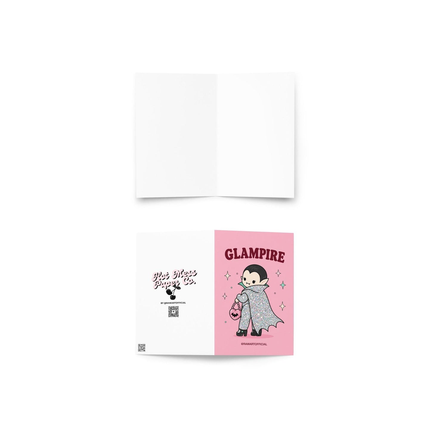Pink Halloween greeting card reading "Glampire" featuring a cute glittery vampire wearing a glamorous cape and heels while carrying a pink heart-shaped bat purse surrounded by sparkles.