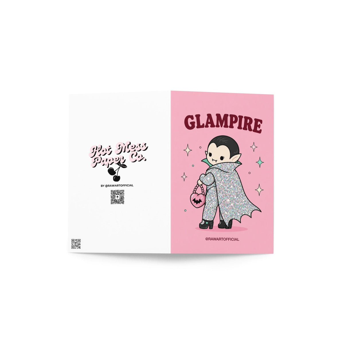 Pink Halloween greeting card reading "Glampire" featuring a cute glittery vampire wearing a glamorous cape and heels while carrying a pink heart-shaped bat purse surrounded by sparkles.