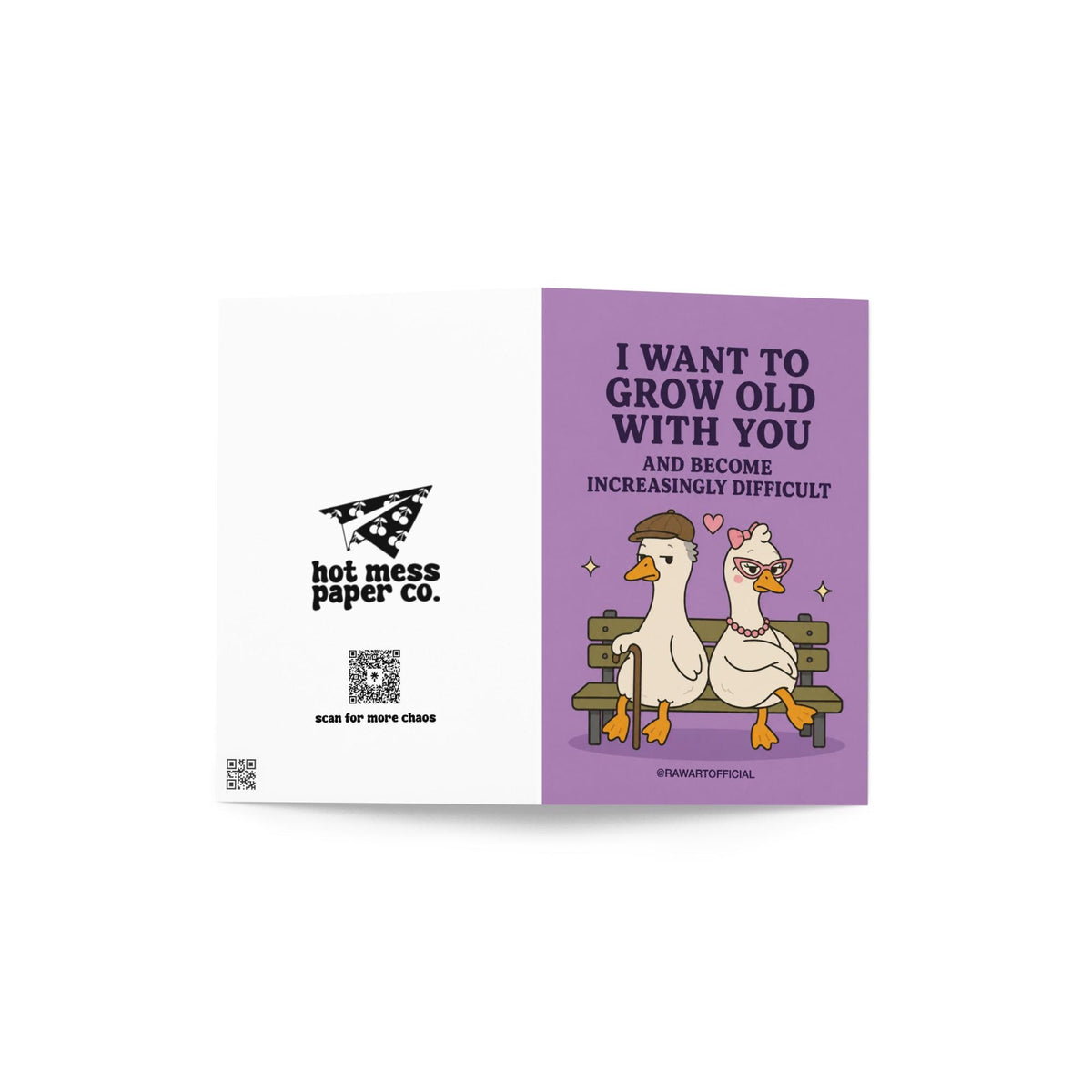 Funny anniversary card featuring two elderly geese sitting on a bench beside the phrase “I Want to Grow Old With You and Become Increasingly Difficult.”