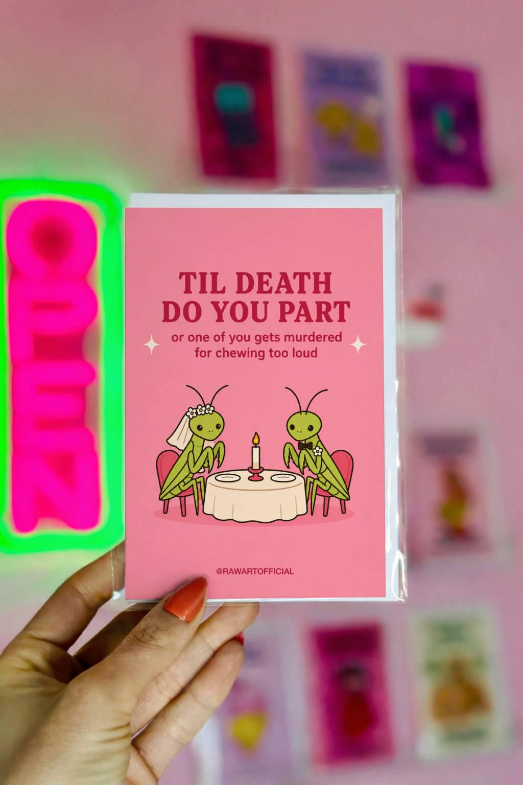 Funny dark humor wedding card featuring bride and groom praying mantises at a candlelit dinner with a joke about marriage and chewing too loud.
