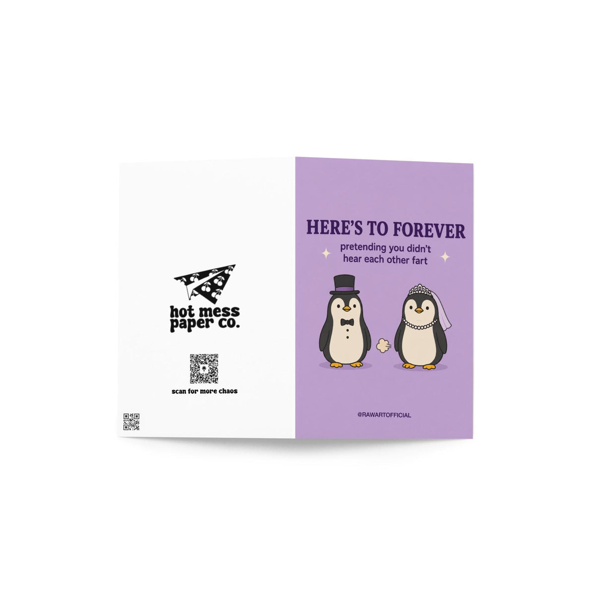 Funny wedding card featuring bride and groom penguins with the phrase “Here’s to Forever Pretending You Didn’t Hear Each Other Fart.”