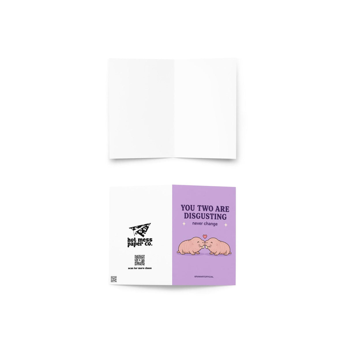 Funny wedding card featuring two cute naked mole rats nuzzling beneath a heart with the phrase “You Two Are Disgusting — Never Change.”