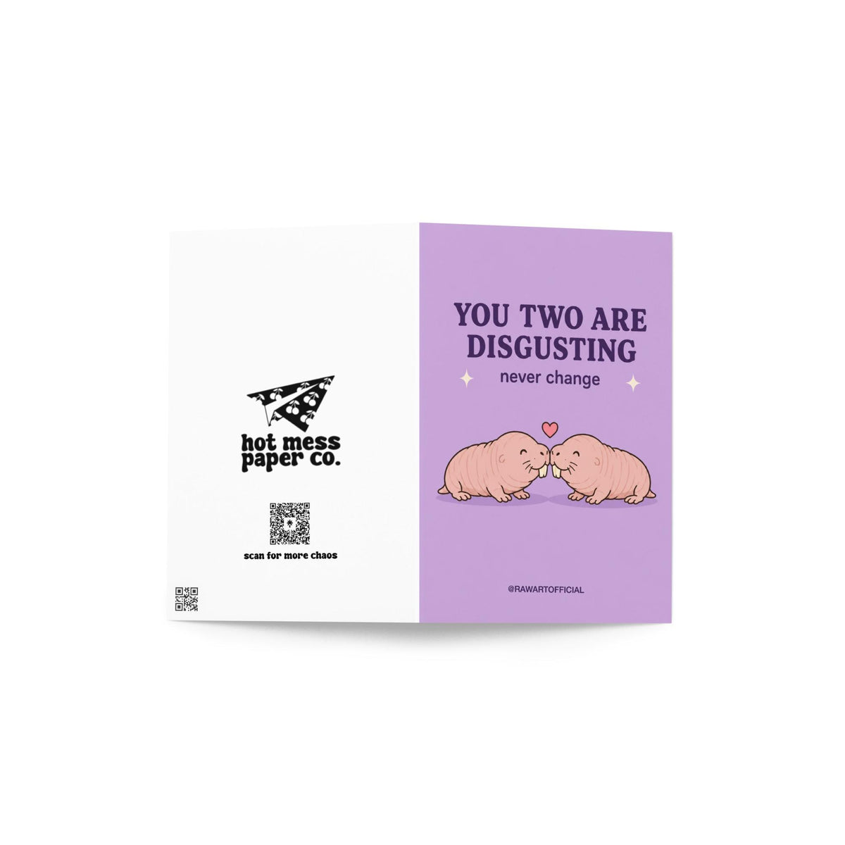 Funny wedding card featuring two cute naked mole rats nuzzling beneath a heart with the phrase “You Two Are Disgusting — Never Change.”